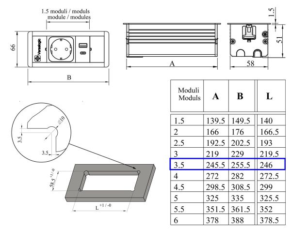 Врізний блок ASA VersaFrame 3.0 3x220+USB-АС зарядне