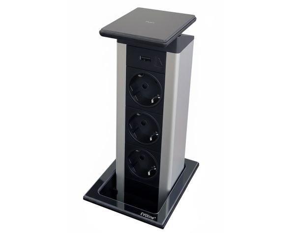 Висувний блок EVOline Port Push 3x220+USB-A. Чорне скло