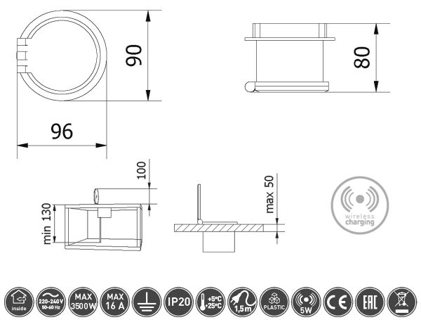 Блок GTV Charger Plus 230+USB-AC + беспроводная Qi + сменные USB-A, RJ45, HDMI