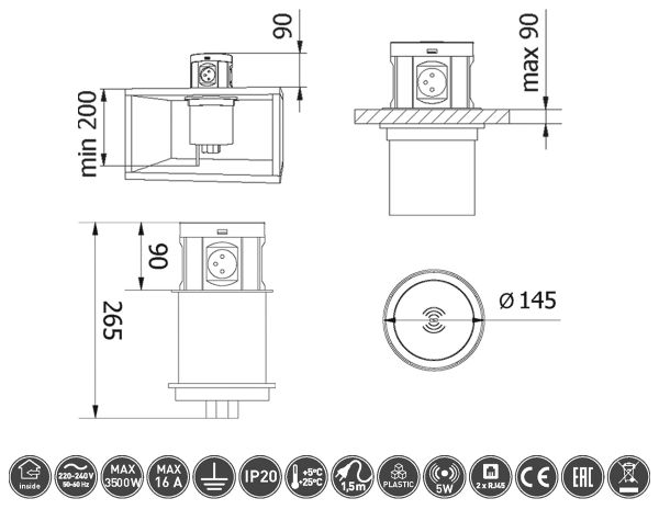 Висувний блок GTV Comfort Plus 4x230 + 2xUSB-A + 2xRJ45 + Qi бездротова зарядка