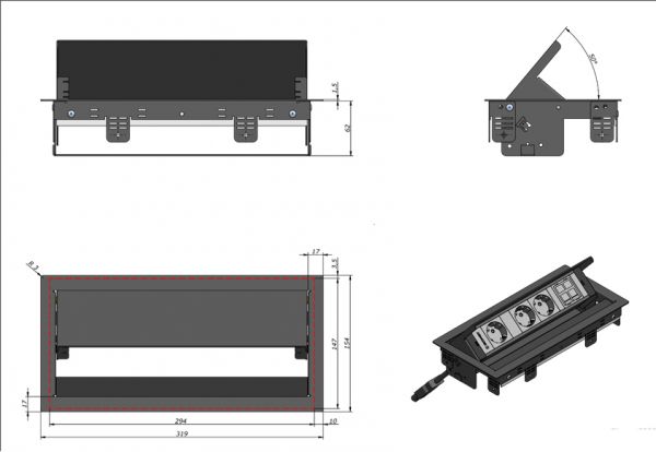 Выдвижной блок розеток IB Connect Box Plus 3x220+2xUSB-зарядное