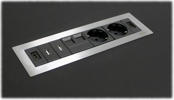 Врізний блок розеток Simon Ofiblock Line 2x220+1xUSB-data+HDMI+планка для виведення кабелів